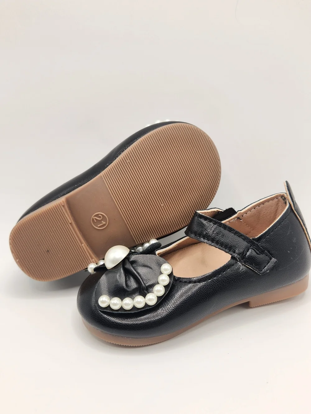 Girls Black Pearl Bow Mary Jane Kids Shoes